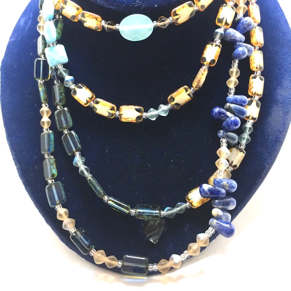 Stefanie Wolf multi stone Long Beaded Necklace, 7 Ways to Wear, Trilogy 60”l